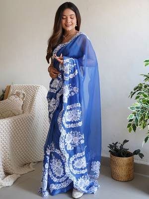 Blue embroidered organza saree 2