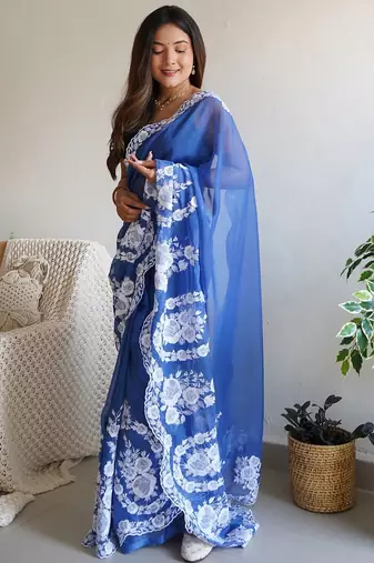 Blue embroidered organza saree