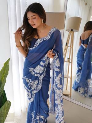 Blue embroidered organza saree 3