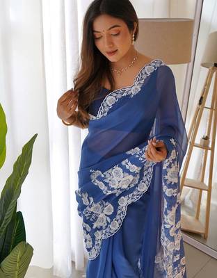 Blue embroidered organza saree 4