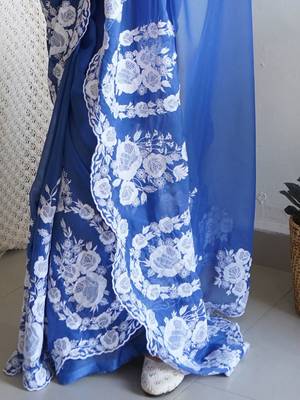 Blue embroidered organza saree 5