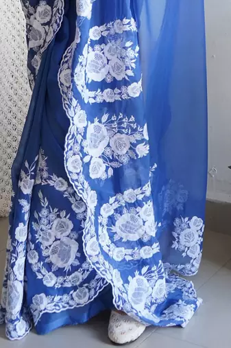 Blue embroidered organza saree