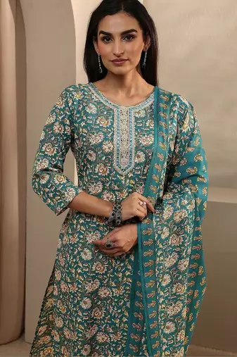 women floral printed regular thread work kurta with trousers & with dupatta
