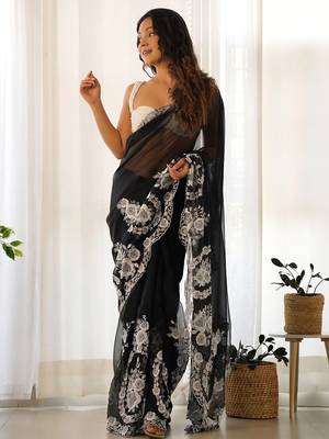 Black floral embroidered organza saree 1