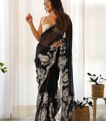 Black floral embroidered organza saree