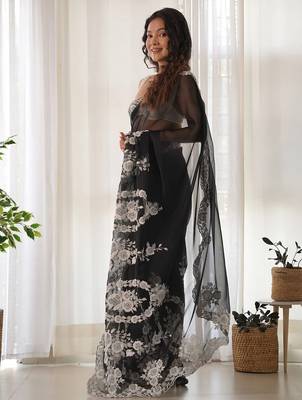 Black floral embroidered organza saree 2