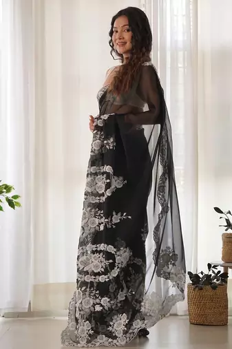 Black floral embroidered organza saree