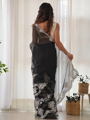 Black floral embroidered organza saree 3