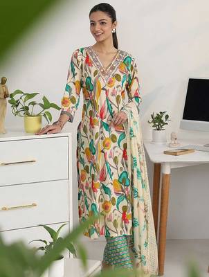 women floral printed regular thread work kurta with trousers & with dupatta 1