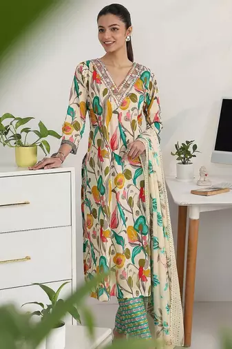 women floral printed regular thread work kurta with trousers & with dupatta