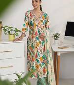 women floral printed regular thread work kurta with trousers & with dupatta