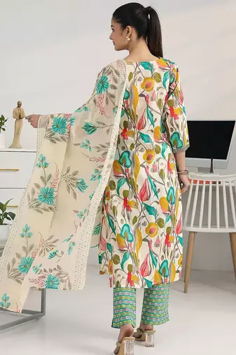 women floral printed regular thread work kurta with trousers & with dupatta
