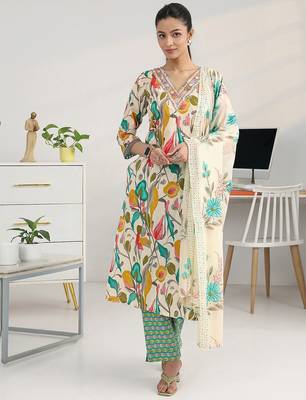 women floral printed regular thread work kurta with trousers & with dupatta 5