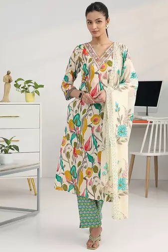 women floral printed regular thread work kurta with trousers & with dupatta