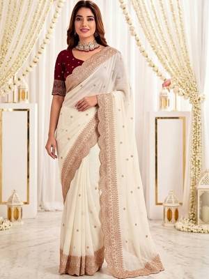 Off white embellished embroidered poly georgette designer saree 1