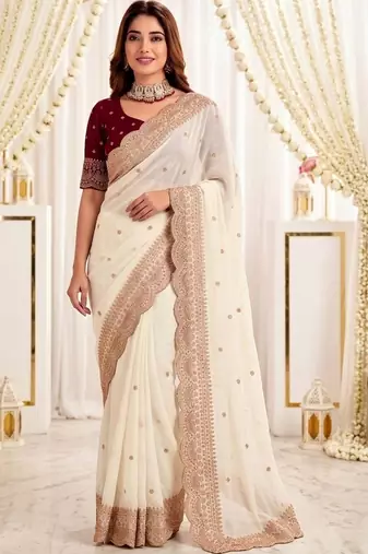 Off white embellished embroidered poly georgette designer saree