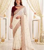 Off white embellished embroidered poly georgette designer saree