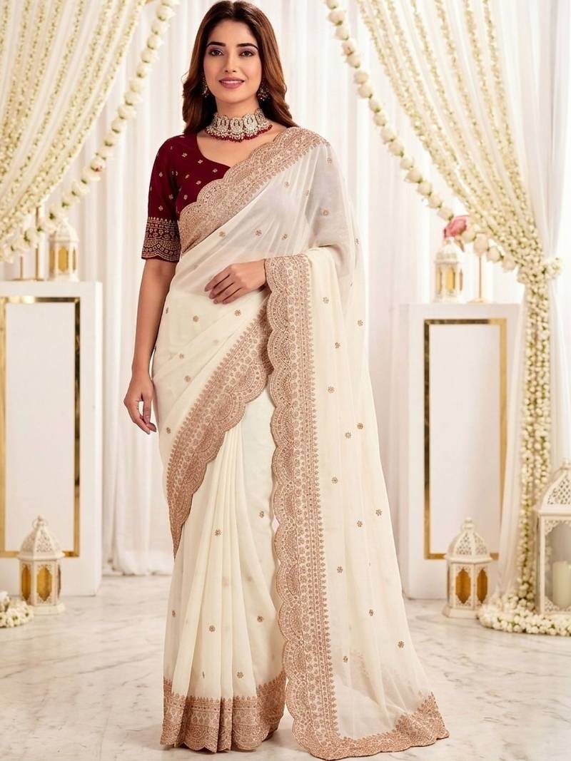 Off white embellished embroidered poly georgette designer saree