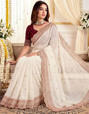 Off white embellished embroidered poly georgette designer saree 2