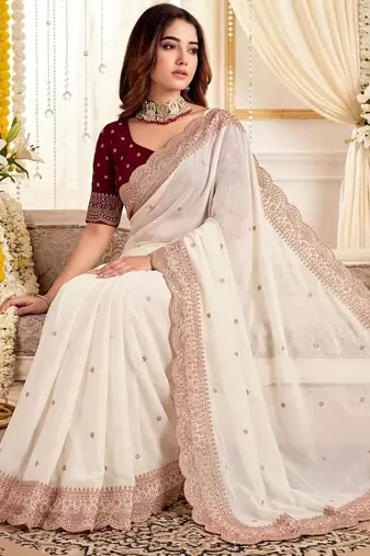 Off white embellished embroidered poly georgette designer saree