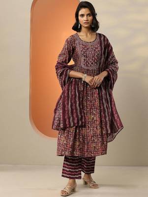 floral printed mirror work pleated mirror work a-line kurta with trousers & dupatta 1