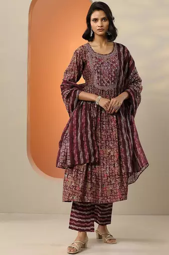 floral printed mirror work pleated mirror work a-line kurta with trousers & dupatta
