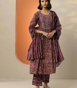 floral printed mirror work pleated mirror work a-line kurta with trousers & dupatta