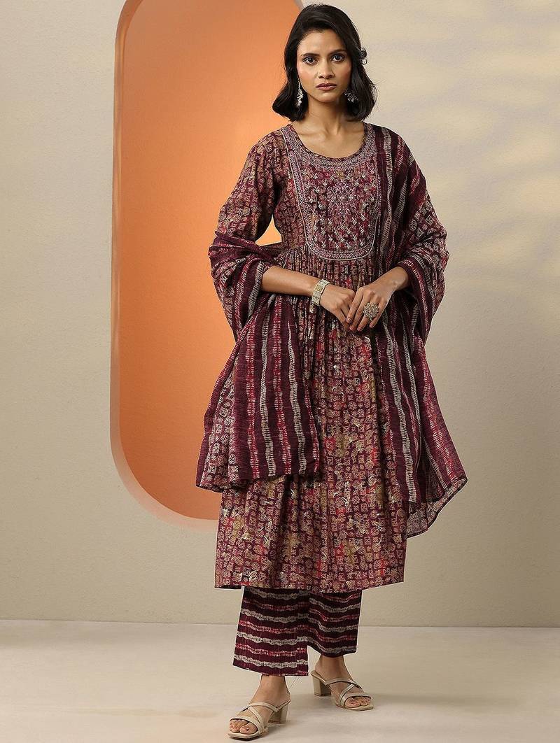 floral printed mirror work pleated mirror work a-line kurta with trousers & dupatta