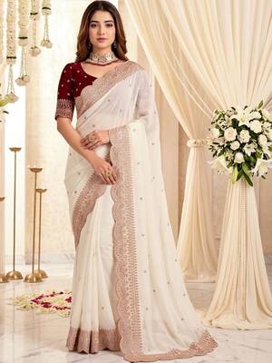Off white embellished embroidered poly georgette designer saree 3