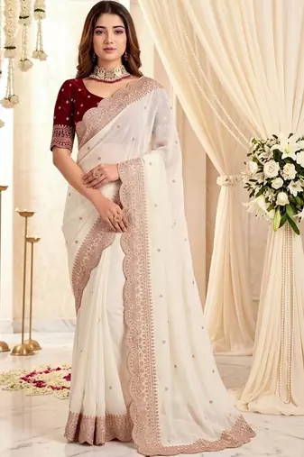 Off white embellished embroidered poly georgette designer saree