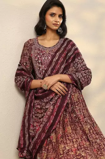 floral printed mirror work pleated mirror work a-line kurta with trousers & dupatta