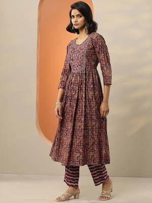 floral printed mirror work pleated mirror work a-line kurta with trousers & dupatta 3