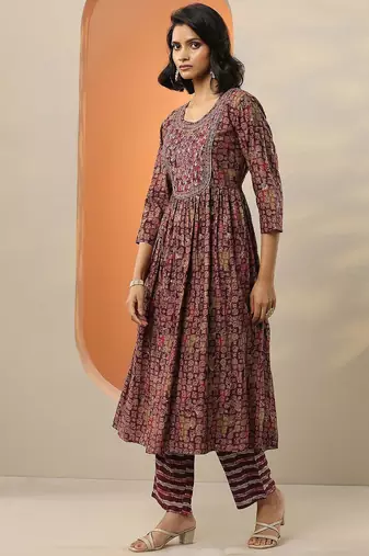 floral printed mirror work pleated mirror work a-line kurta with trousers & dupatta