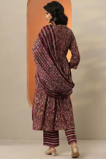 floral printed mirror work pleated mirror work a-line kurta with trousers & dupatta