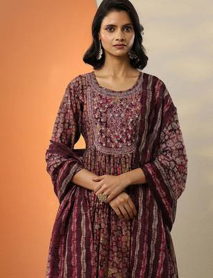floral printed mirror work pleated mirror work a-line kurta with trousers & dupatta 5