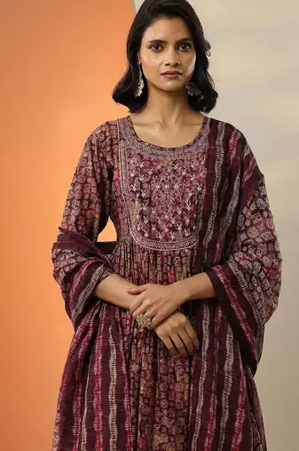 floral printed mirror work pleated mirror work a-line kurta with trousers & dupatta