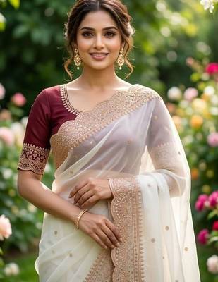 Off white embellished embroidered poly georgette designer saree 4