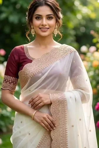 Off white embellished embroidered poly georgette designer saree