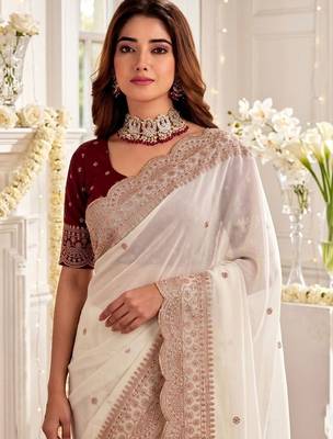 Off white embellished embroidered poly georgette designer saree 5