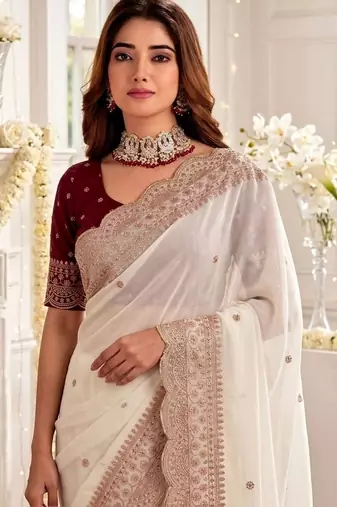 Off white embellished embroidered poly georgette designer saree
