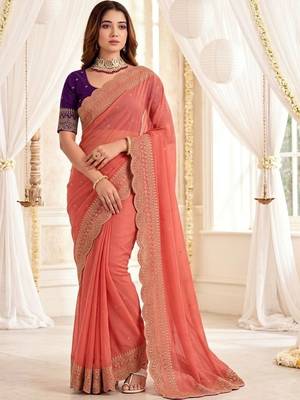 Peach embellished embroidered poly georgette designer saree 1