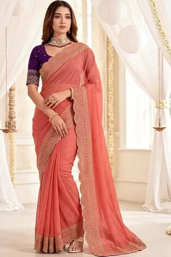 Peach embellished embroidered poly georgette designer saree