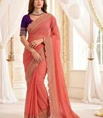 Peach embellished embroidered poly georgette designer saree