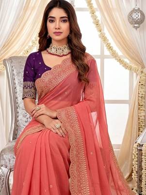 Peach embellished embroidered poly georgette designer saree 2