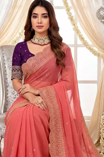 Peach embellished embroidered poly georgette designer saree