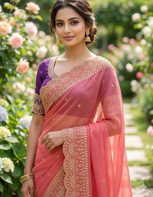 Peach embellished embroidered poly georgette designer saree 3