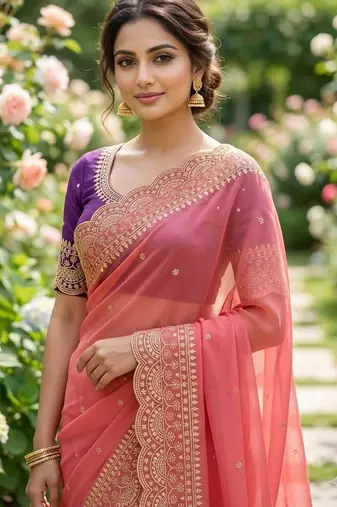Peach embellished embroidered poly georgette designer saree