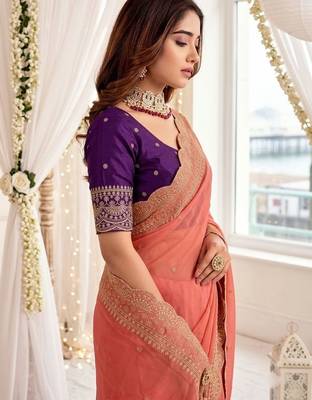 Peach embellished embroidered poly georgette designer saree 4