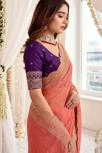 Peach embellished embroidered poly georgette designer saree
