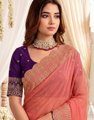 Peach embellished embroidered poly georgette designer saree 5